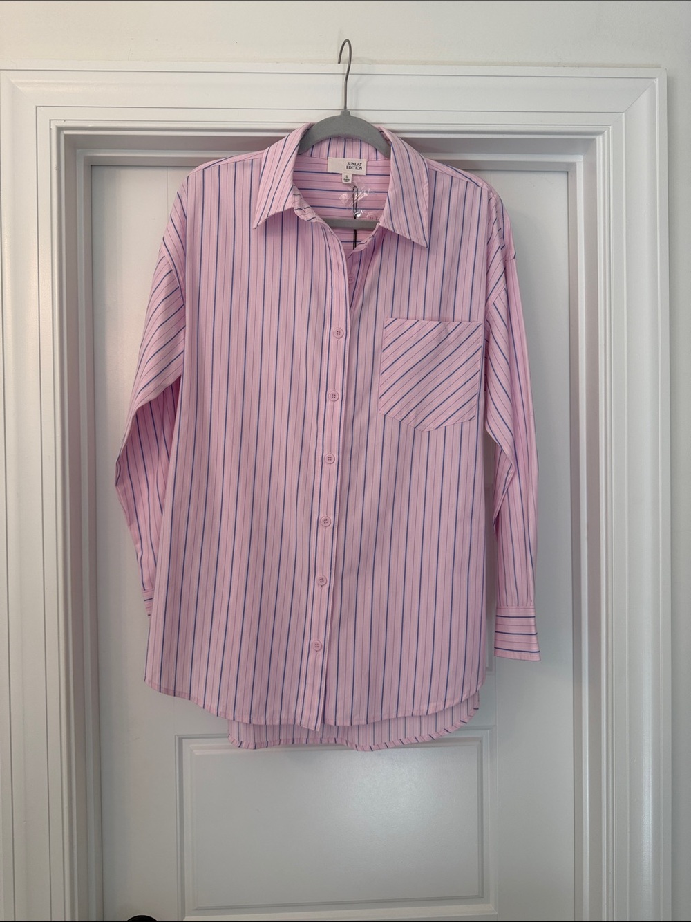 Classic Pink Striped Button-Up Blouse with Chest Pocket